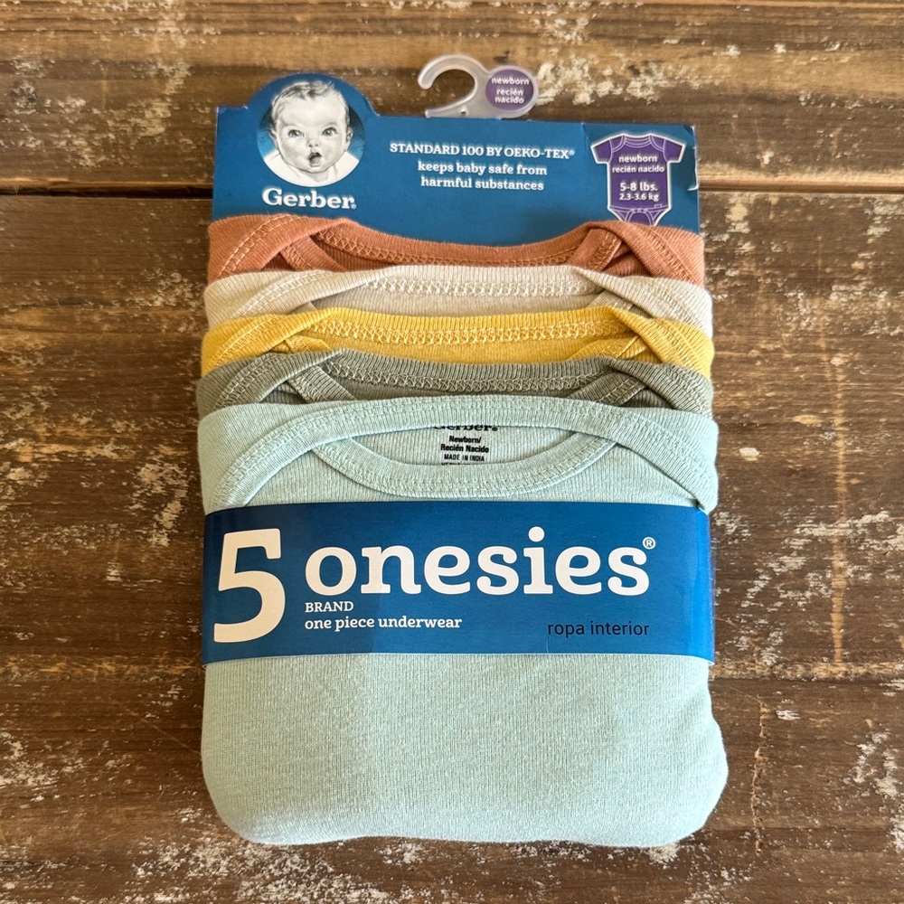 Gerber 5-Pack Onesies in Pastel Blue, Sage, Yellow, Cream, and Peach